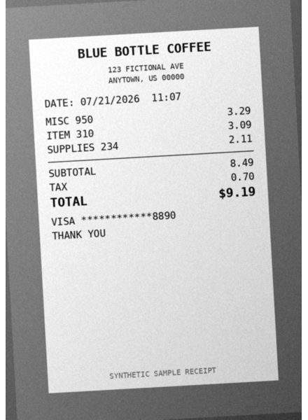Synthetic photo of a paper receipt, slightly rotated and blurred