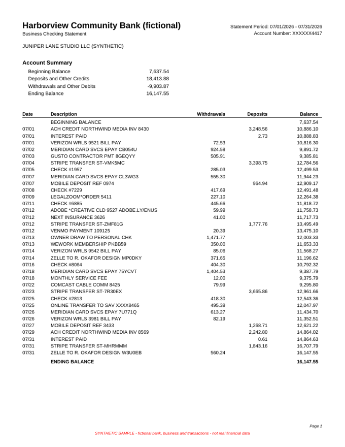 Before: a messy bank statement PDF (made-up sample data)